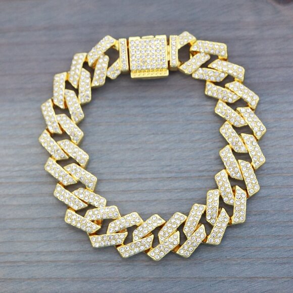 15mm 8inches Cuban Ice Curb Diamond Chain Gold Plated Bracelet with Rhinestones - Picture 1 of 4